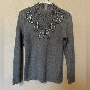 Once Again Holiday Silver Metallic Turtleneck Sweater Top Beaded Detail Size XL
